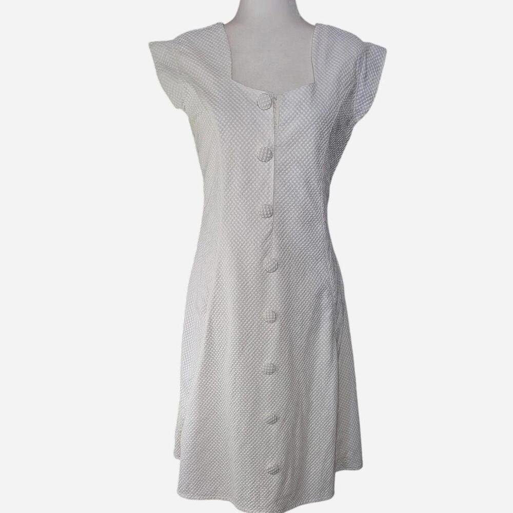 1950s-60s Cream Cotton Waffle Weave Button Front Swing Dress Restored Vintage M